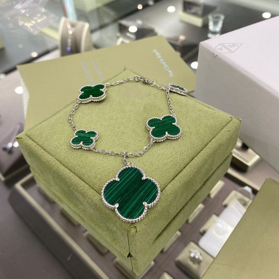 [BLUE TEARS]CLOVER 5 MOTIFS SIVLER MALACHITE BRACELET