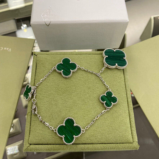 [BLUE TEARS]CLOVER 5 MOTIFS SIVLER MALACHITE BRACELET