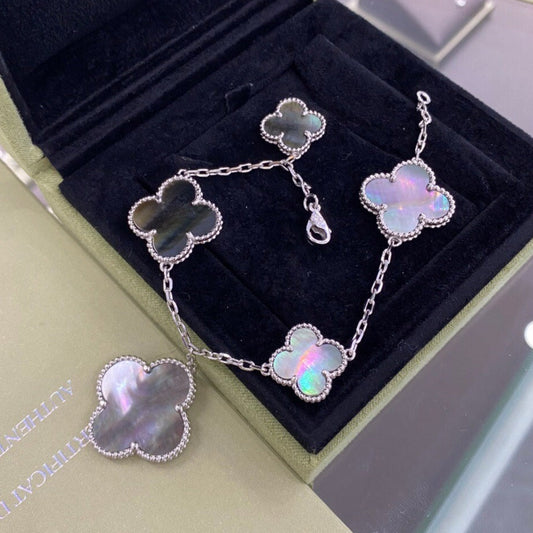[BLUE TEARS]CLOVER 5 MOTIFS SIVLER DARK MOP BRACELET