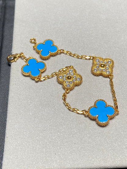 [BLUE TEARS]CLOVER 5 MOTIF BLUE CHALCEDONY DIAMOND GOLD BRACELET