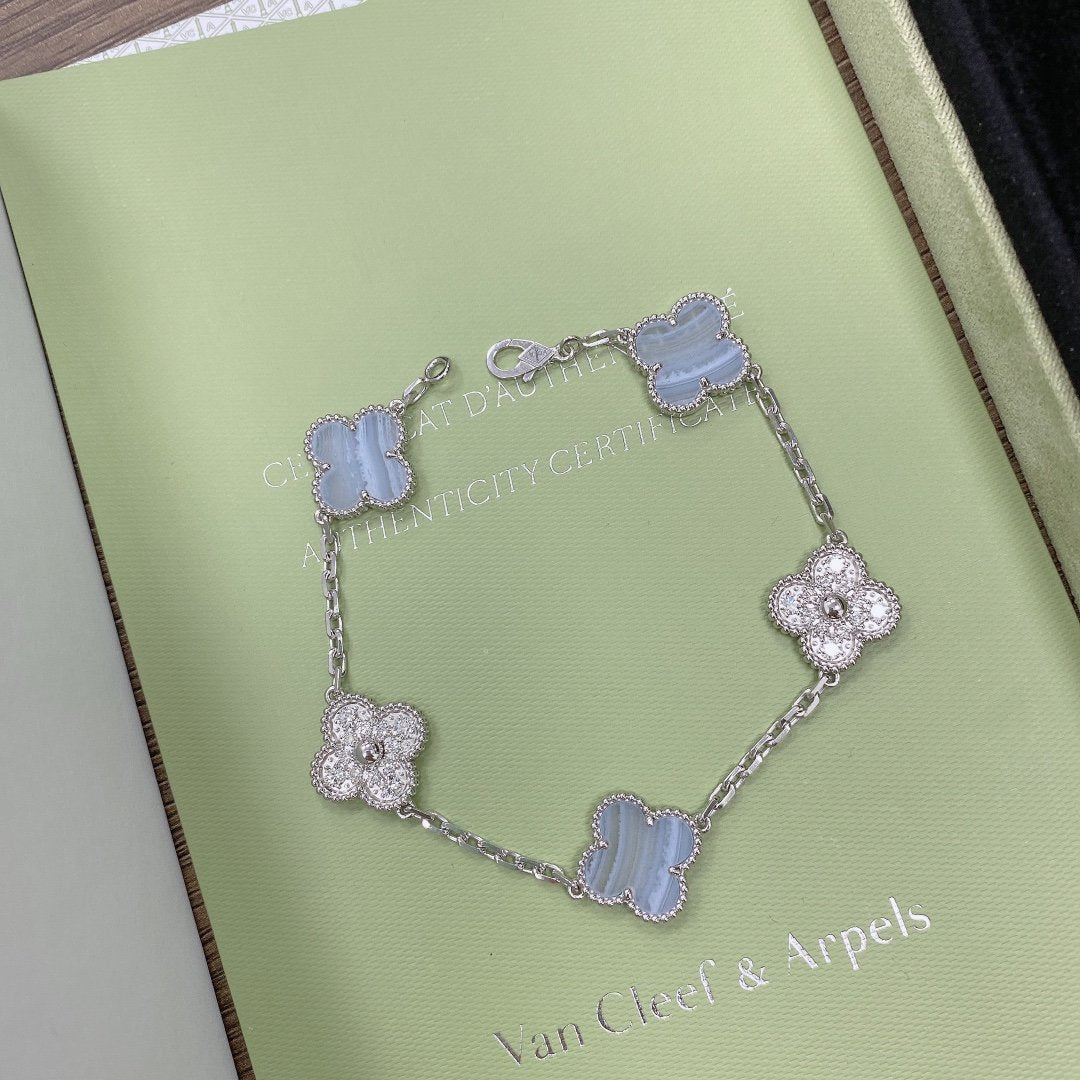 [BLUE TEARS]CLOVER  5 MOTIF DIAMOND PURPLE CHALCEDONY BRACELET SILVER