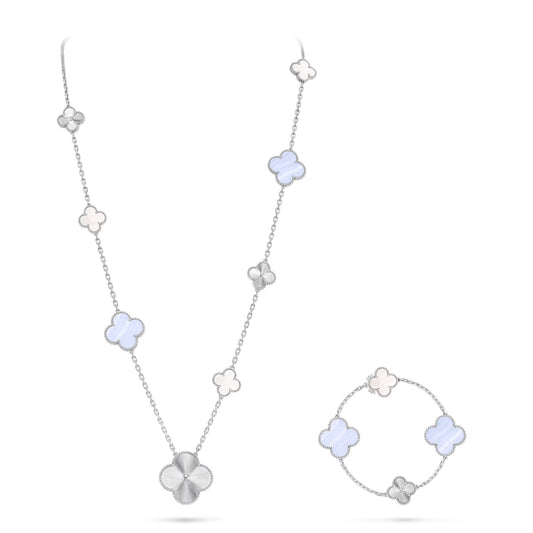 [BLUE TEARS]DETACHABLE CLOVER 15(11+4) FLOWER SILVER NECKLACE SET